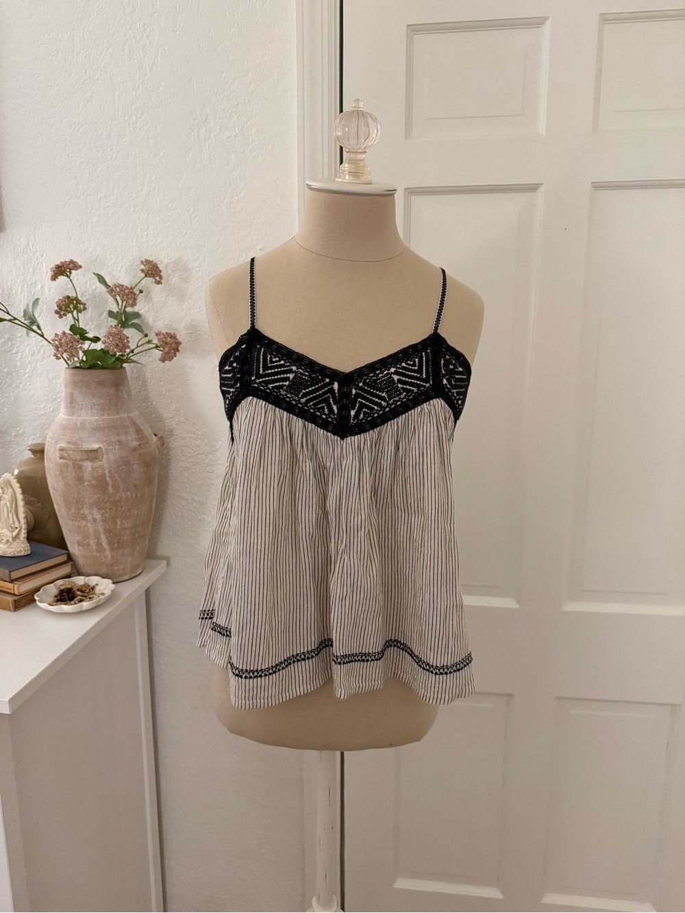 American Eagle Outfitters Black Crochet Yoke Cream Striped Cami